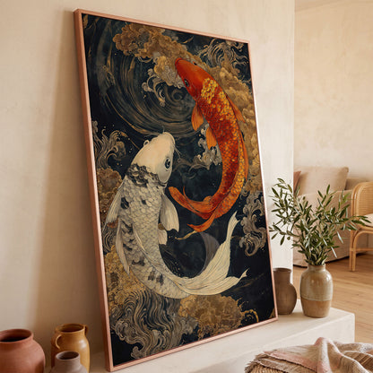 Mystical Koi Fishes Canvas in Japanese Style in rose gold floating frame