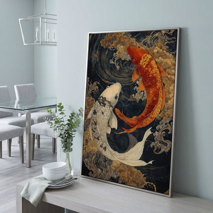 Mystical Koi Fishes Canvas in Japanese Style in silver floating frame