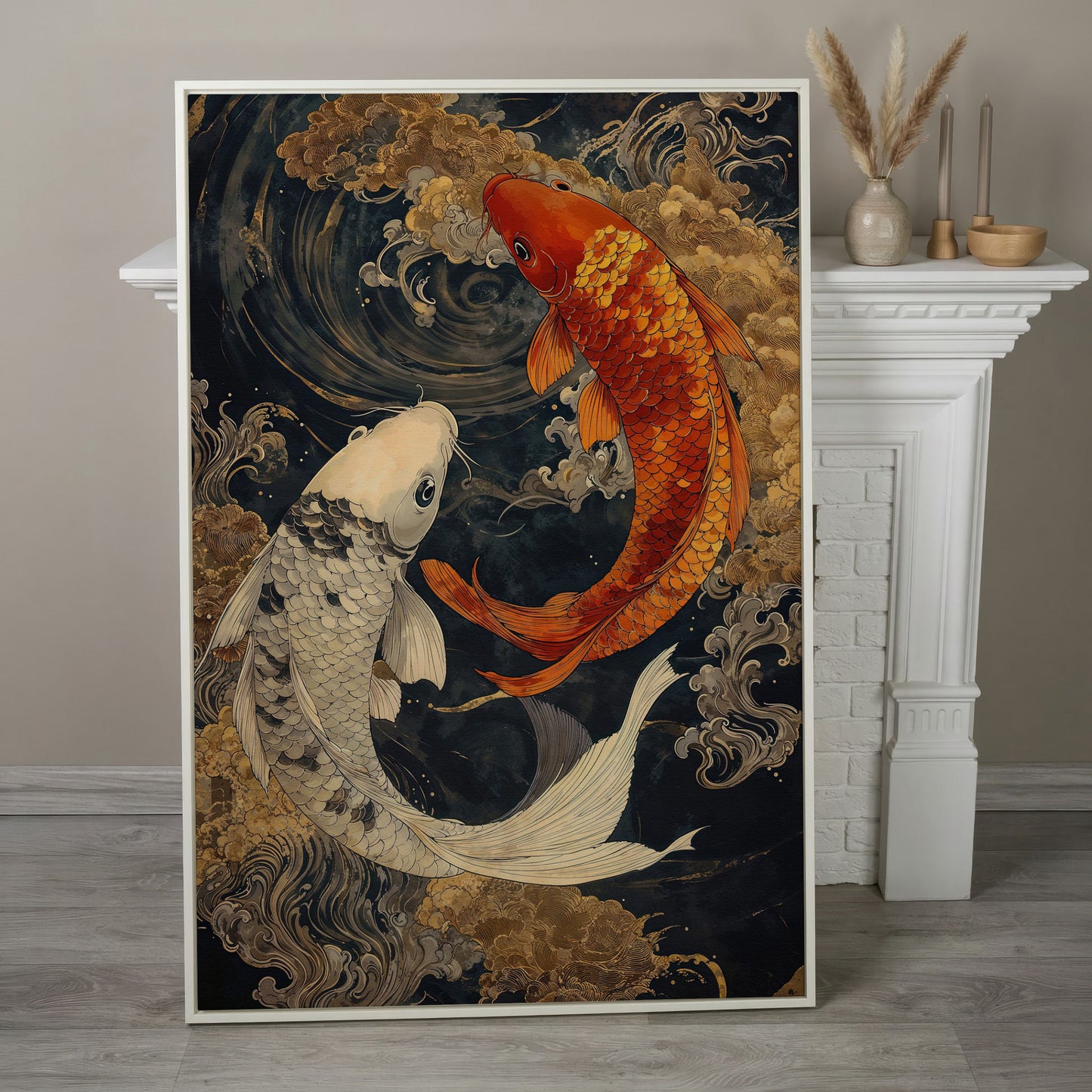 Mystical Koi Fishes Canvas in Japanese Style in white floating frame