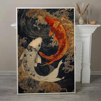 Mystical Koi Fishes Canvas in Japanese Style in white floating frame