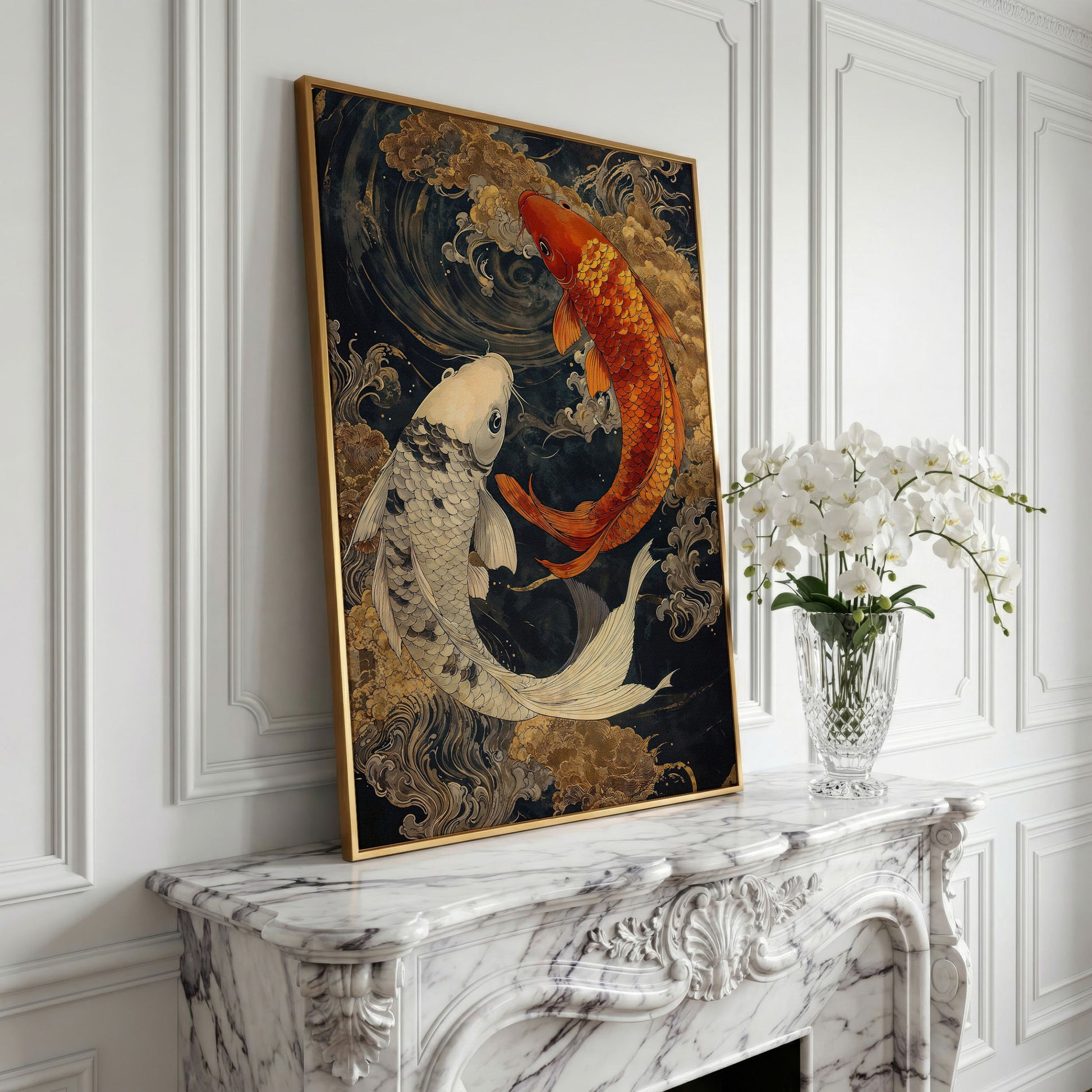 Mystical Koi Fishes Canvas in Japanese Style in yellow gold floating frame