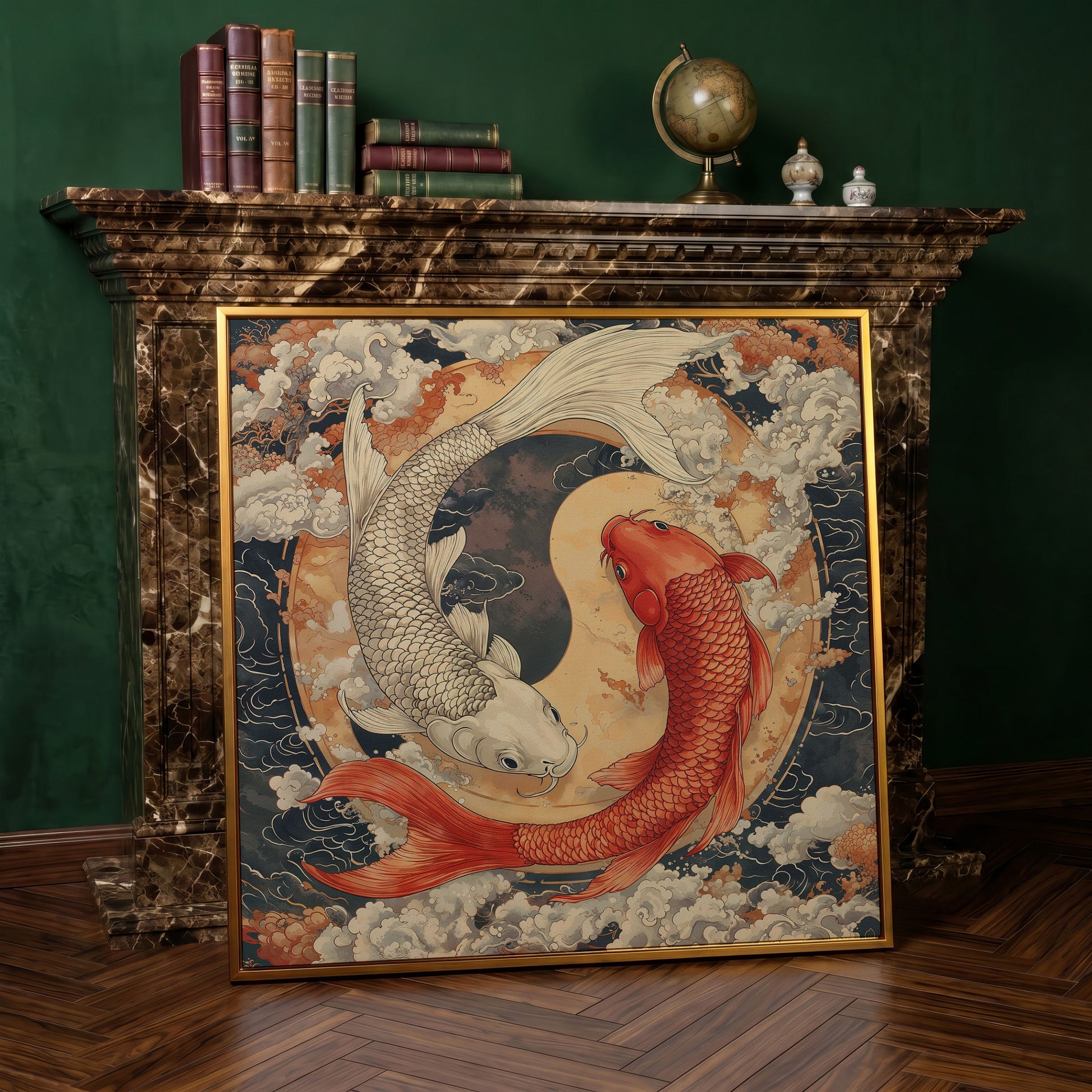 Harmony Koi Fish Yin Yang Square Canvas in antique gold floating frame
