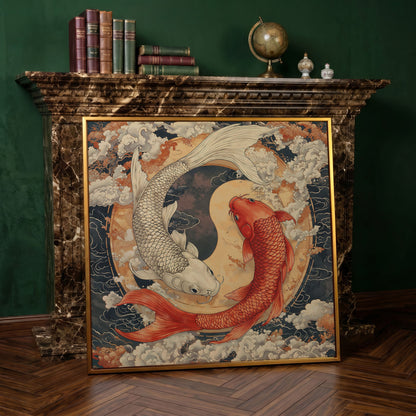 Harmony Koi Fish Yin Yang Square Canvas in antique gold floating frame