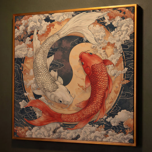 Harmony Koi Fish Yin Yang Square Canvas shown in antique gold floating frame