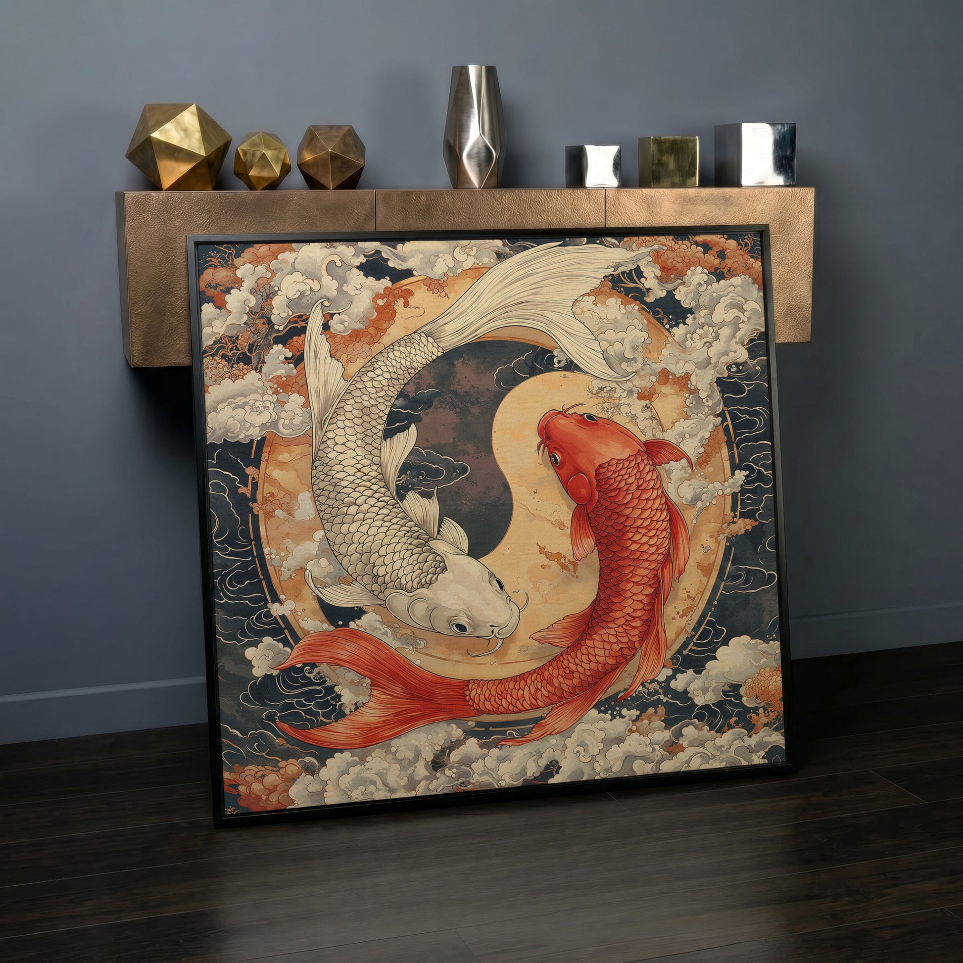 Harmony Koi Fish Yin Yang Square Canvas in black floating frame
