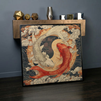 Harmony Koi Fish Yin Yang Square Canvas in black floating frame