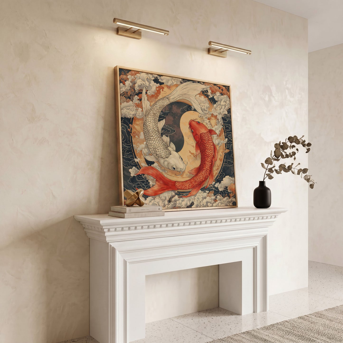 Harmony Koi Fish Yin Yang Square Canvas in white oak floating frame