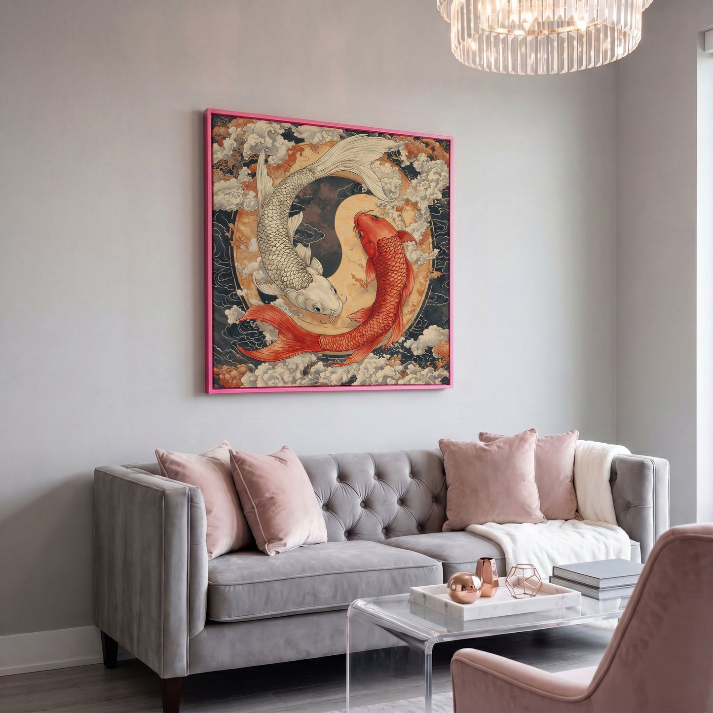 Harmony Koi Fish Yin Yang Square Canvas in pink floating frame