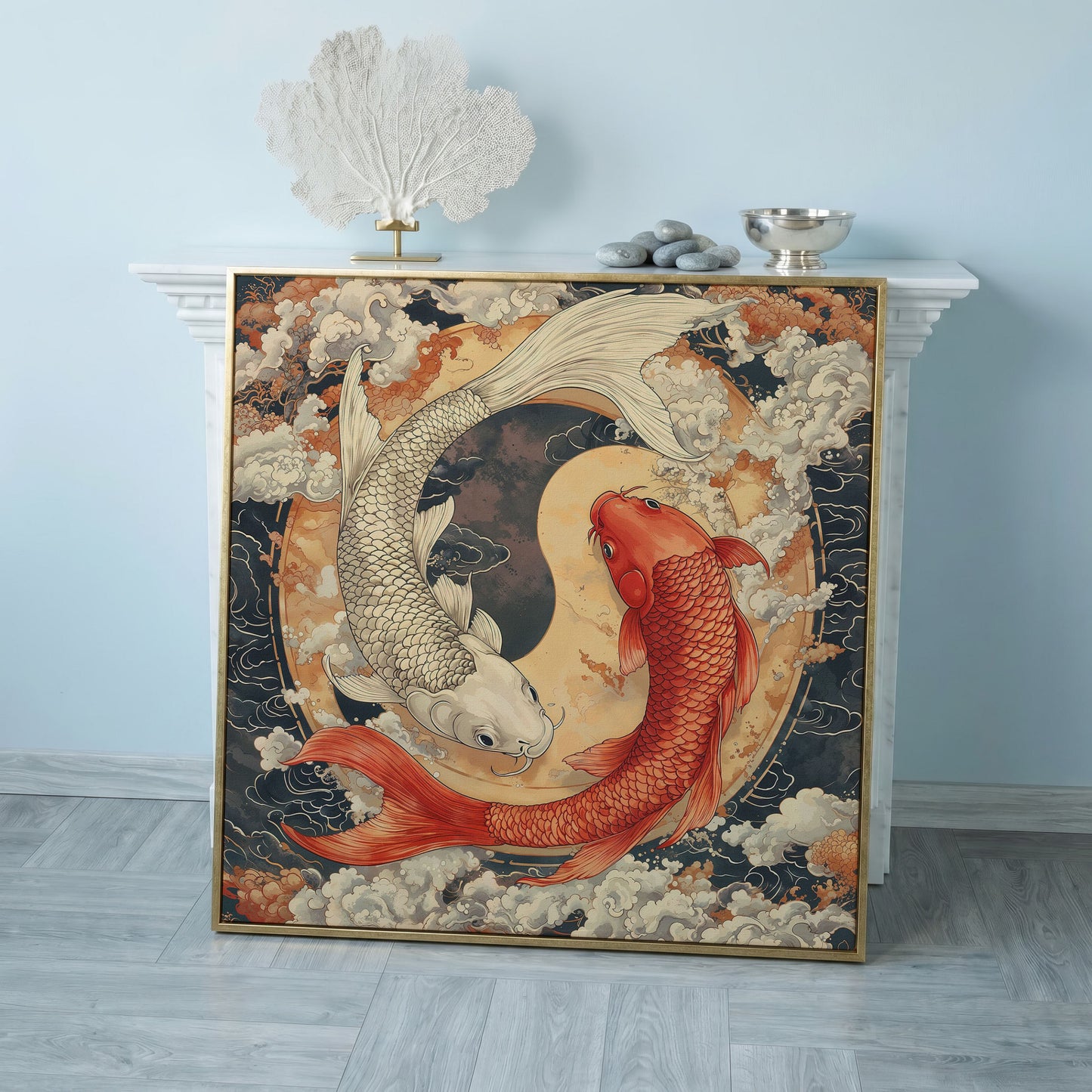 Harmony Koi Fish Yin Yang Square Canvas in rose gold floating frame