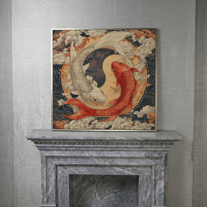 Harmony Koi Fish Yin Yang Square Canvas in silver floating frame