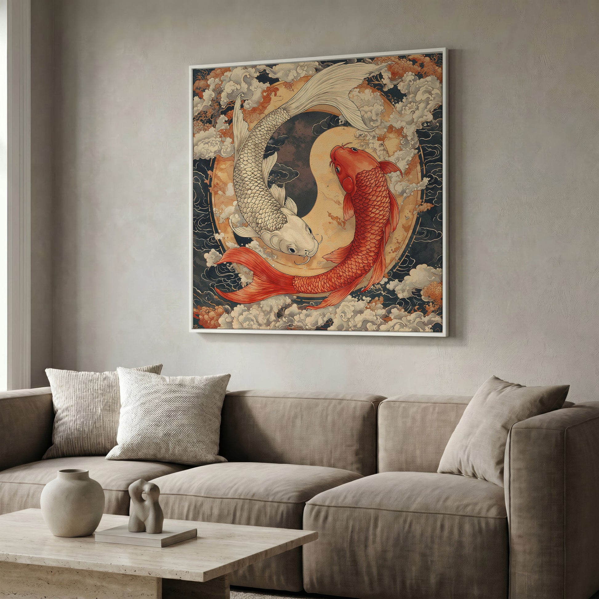 Harmony Koi Fish Yin Yang Square Canvas in white floating frame