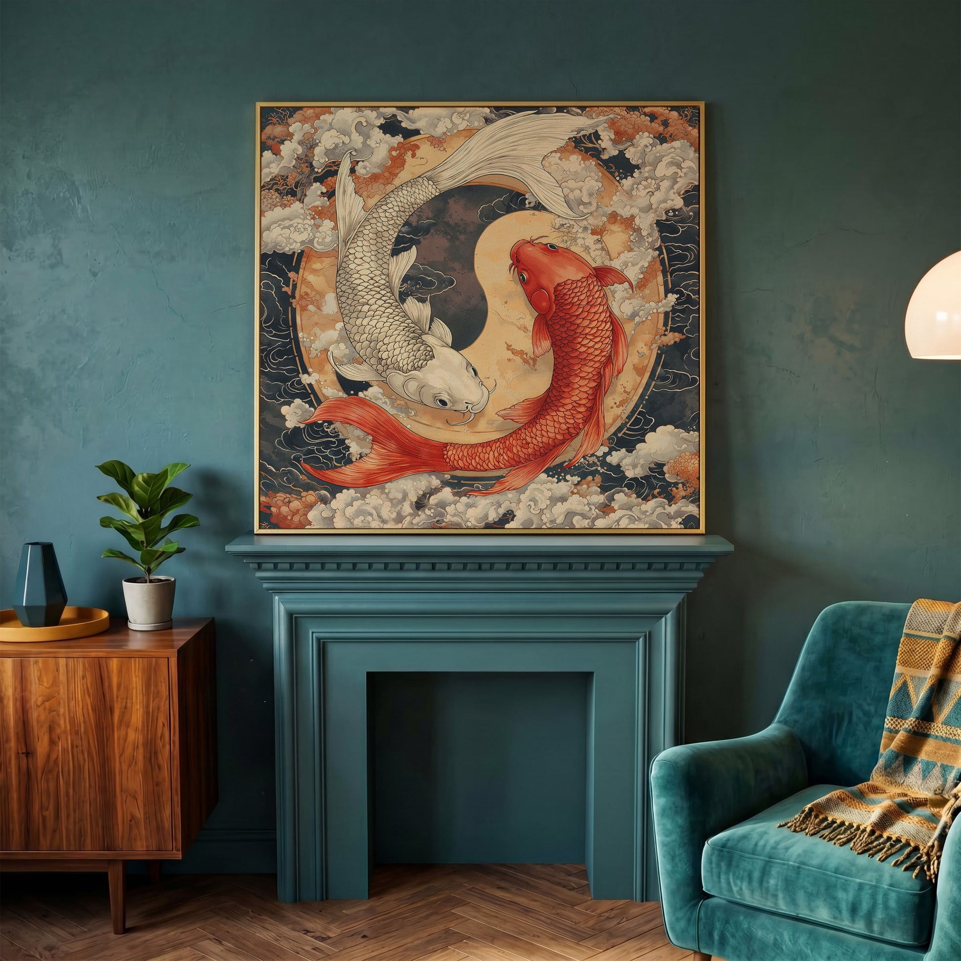 Harmony Koi Fish Yin Yang Square Canvas in yellow gold floating frame
