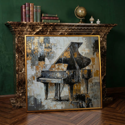 Grand Piano Canvas Print in Black and Gold in antique gold floating frame