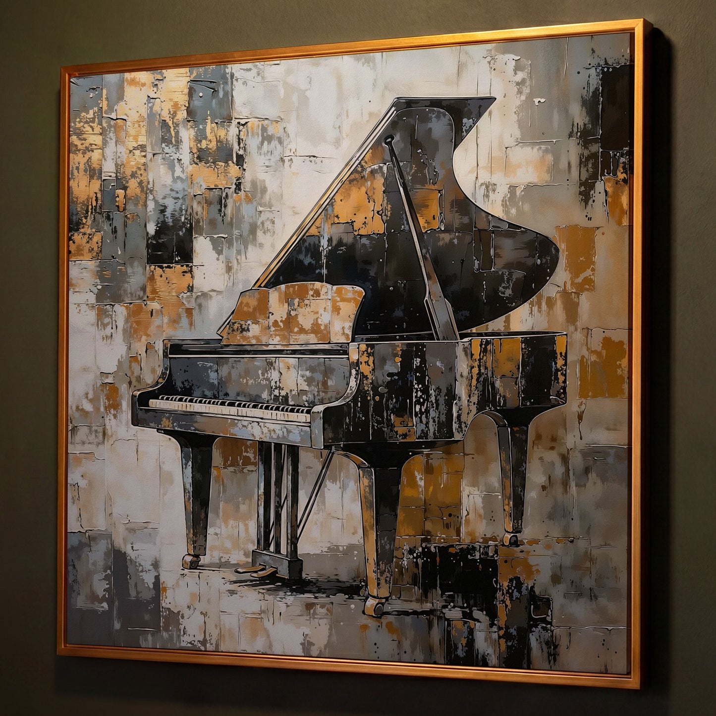 Grand Piano Canvas Print in Black and Gold shown in antique gold floating frame