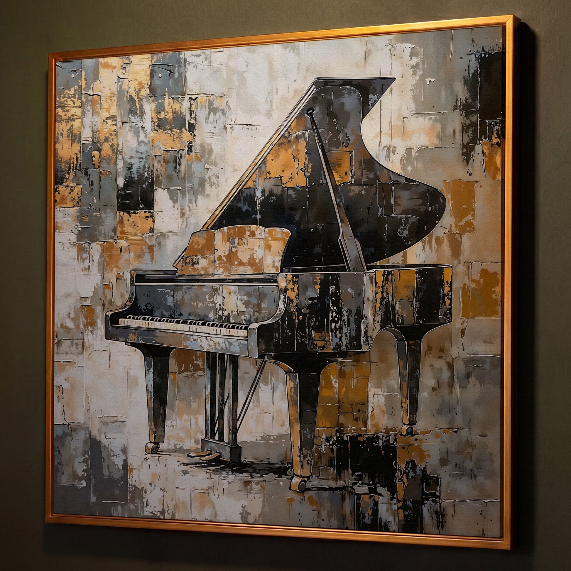 Grand Piano Canvas Print in Black and Gold shown in antique gold floating frame