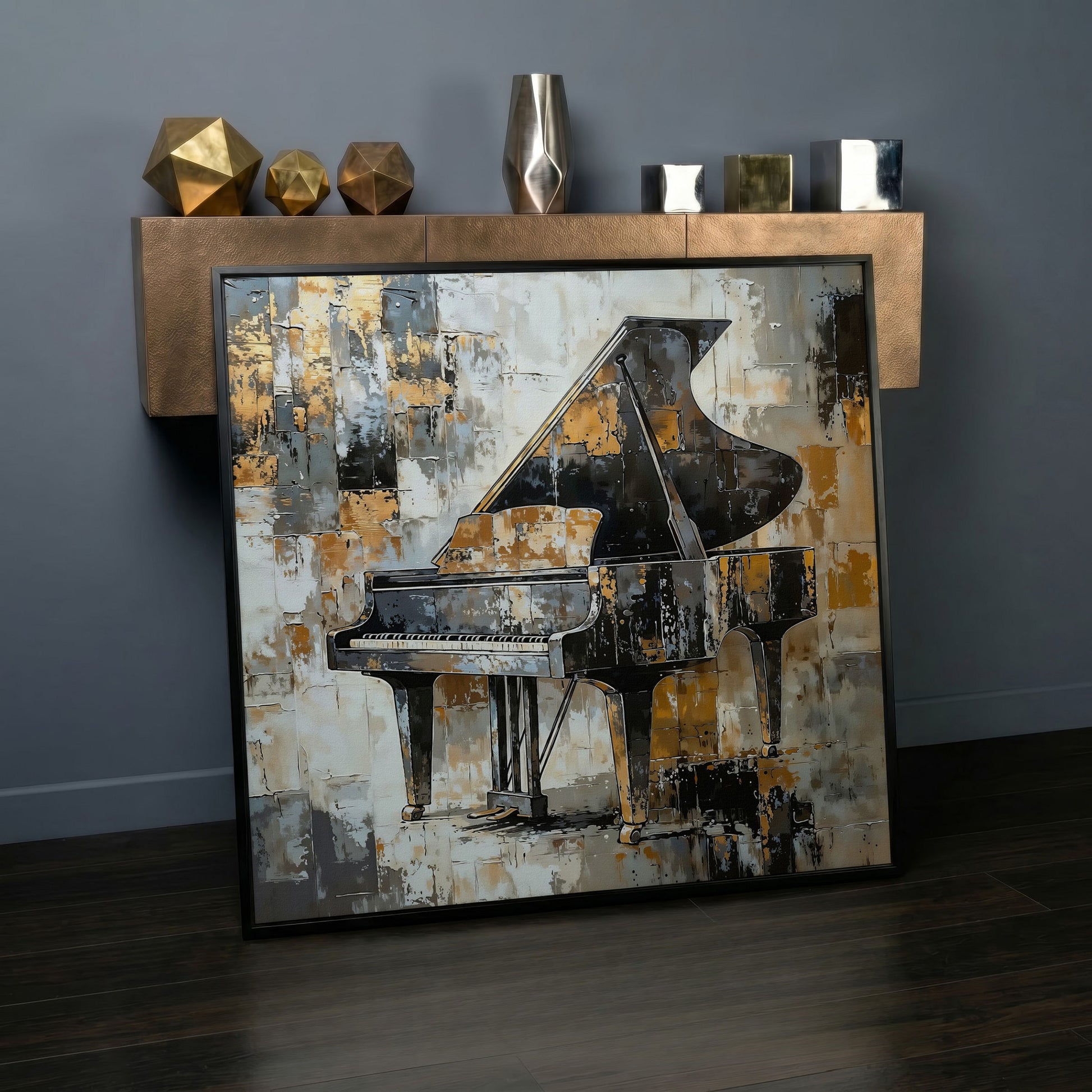 Grand Piano Canvas Print in Black and Gold in black floating frame