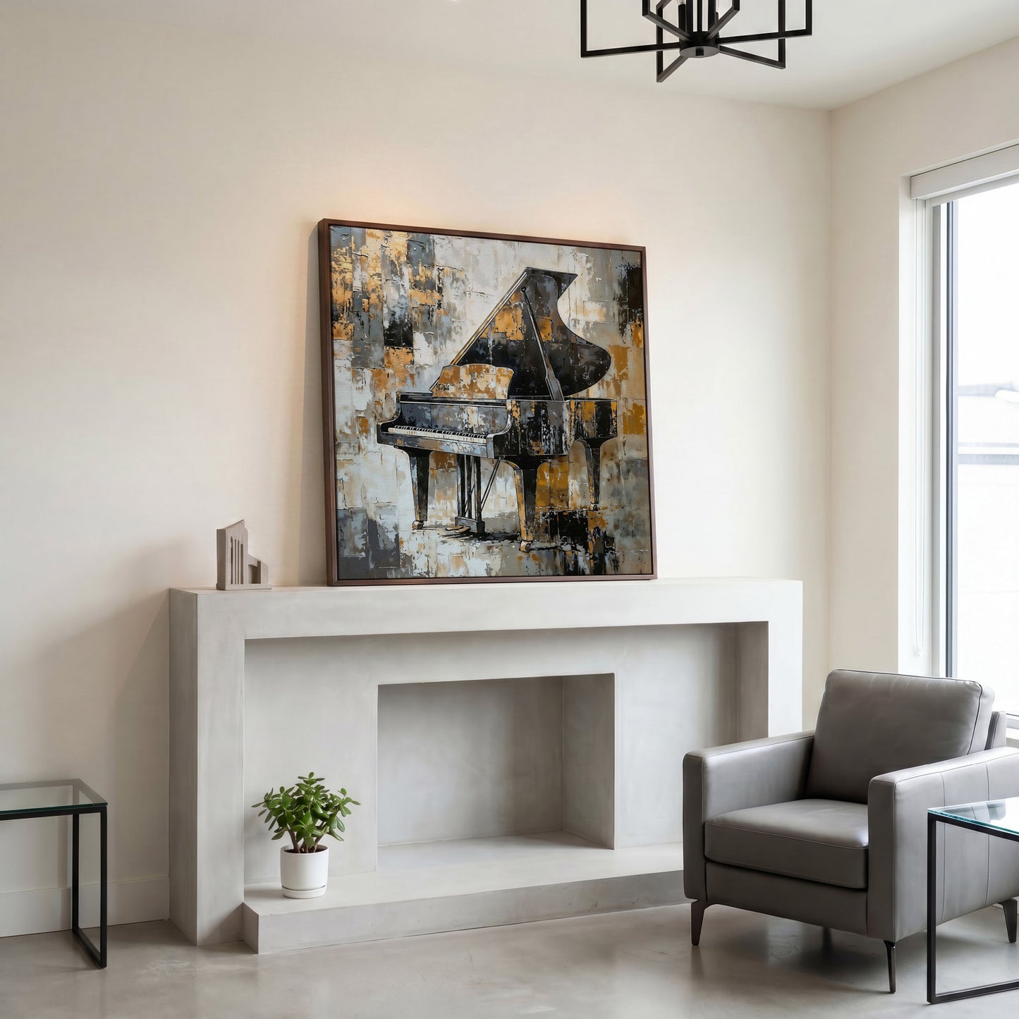 Grand Piano Canvas Print in Black and Gold in dark walnut floating frame