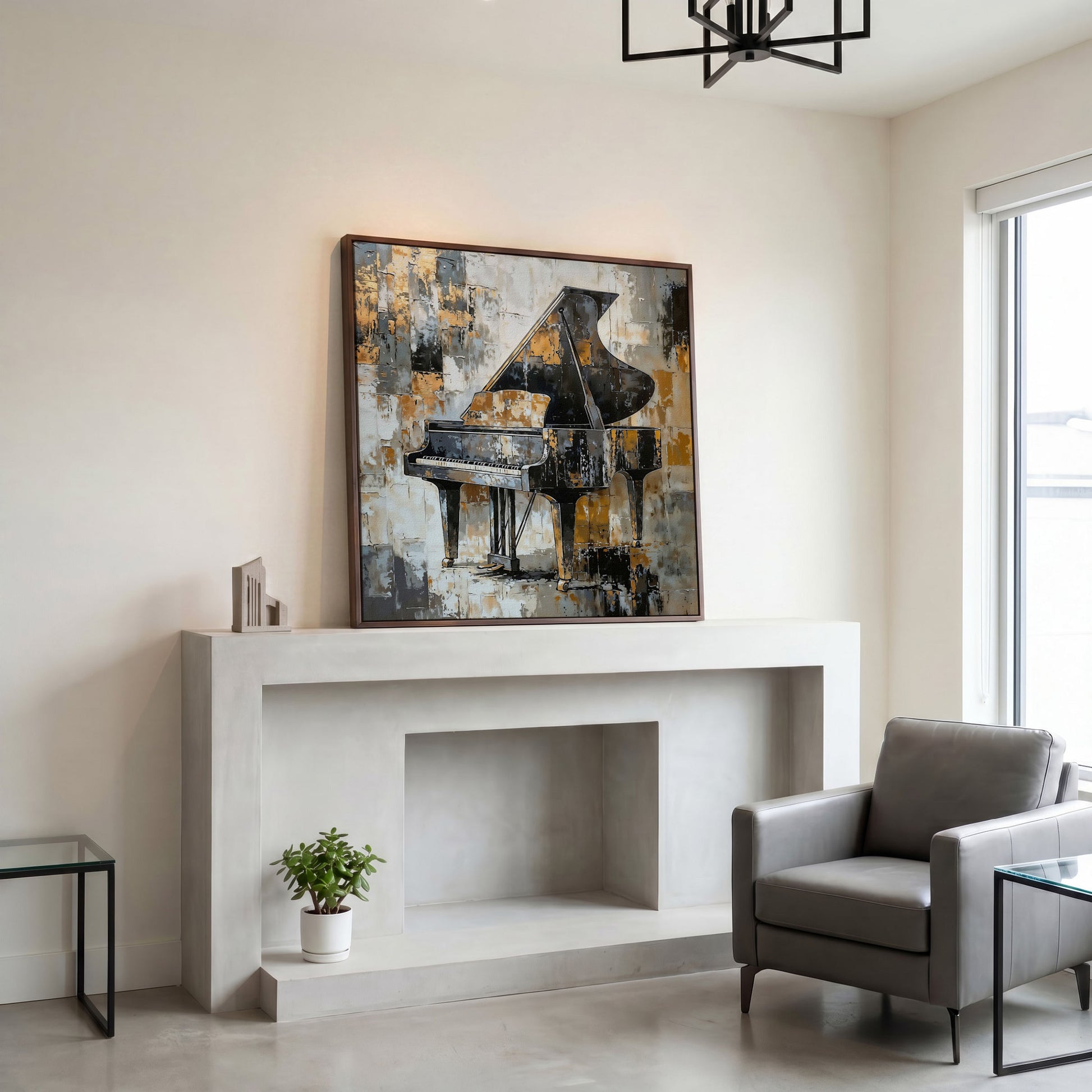 Grand Piano Canvas Print in Black and Gold in dark walnut floating frame