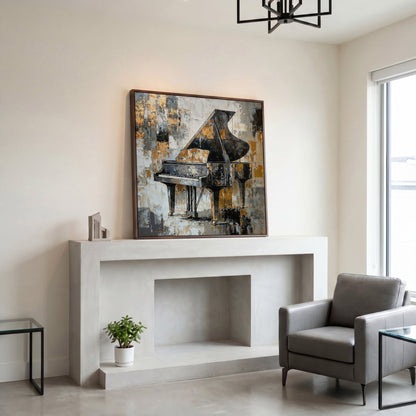 Grand Piano Canvas Print in Black and Gold in dark walnut floating frame