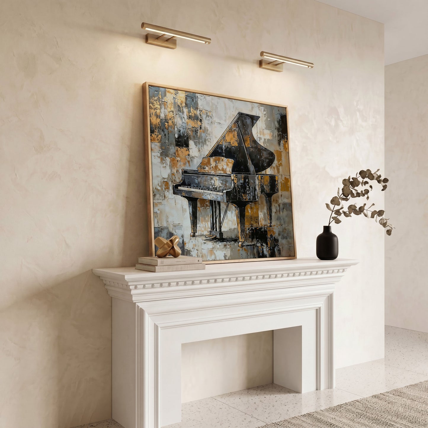 Grand Piano Canvas Print in Black and Gold in white oak floating frame