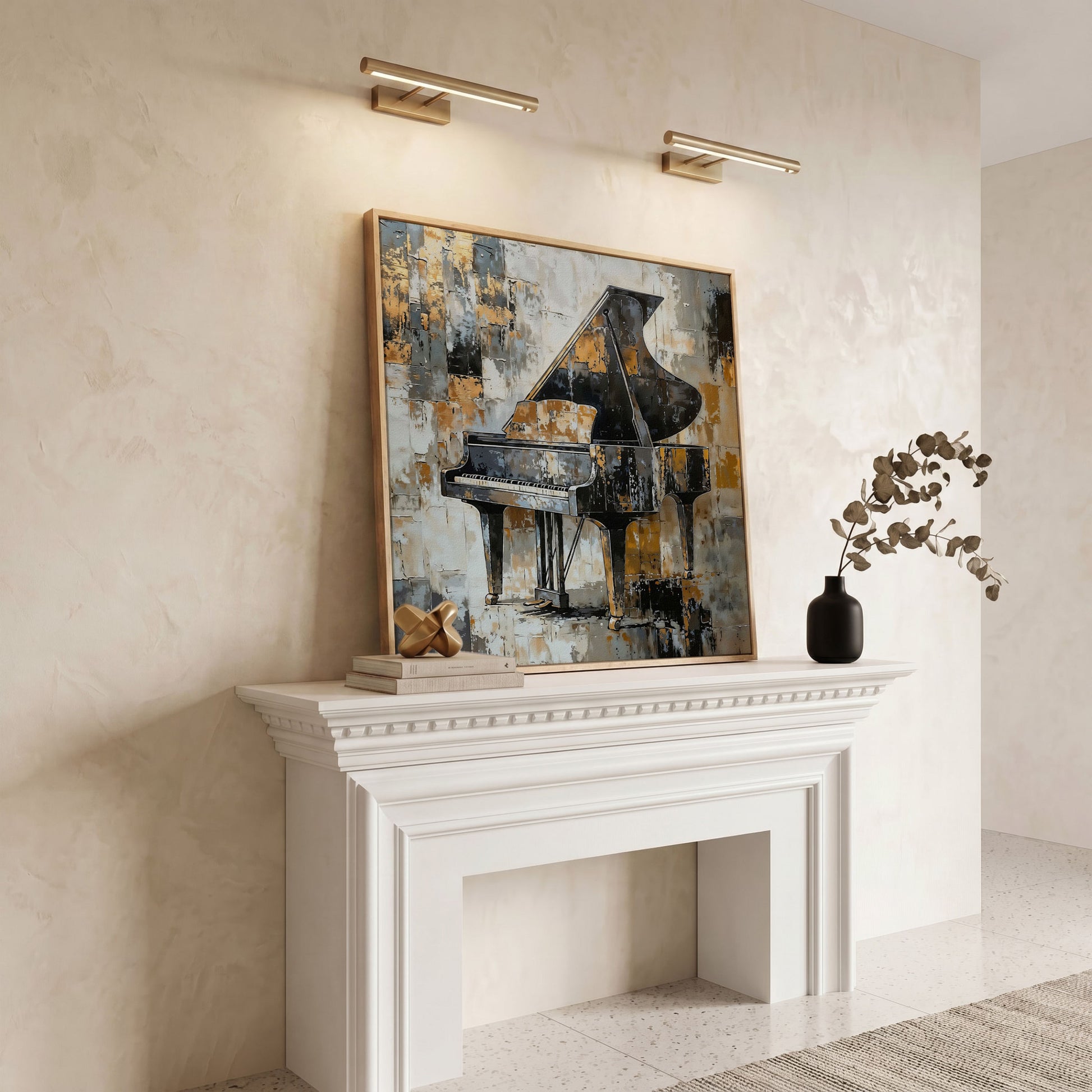 Grand Piano Canvas Print in Black and Gold in white oak floating frame