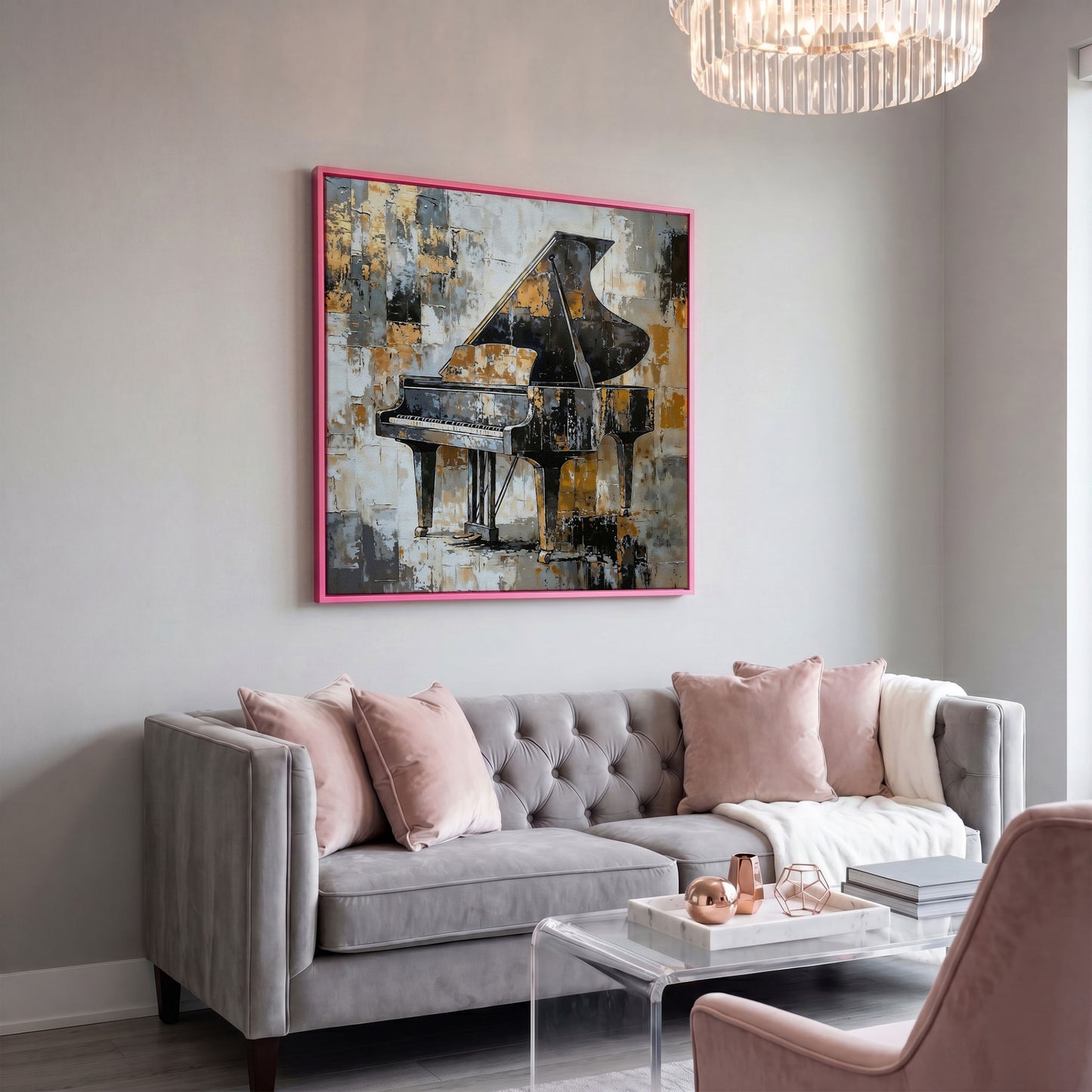 Grand Piano Canvas Print in Black and Gold in pink floating frame