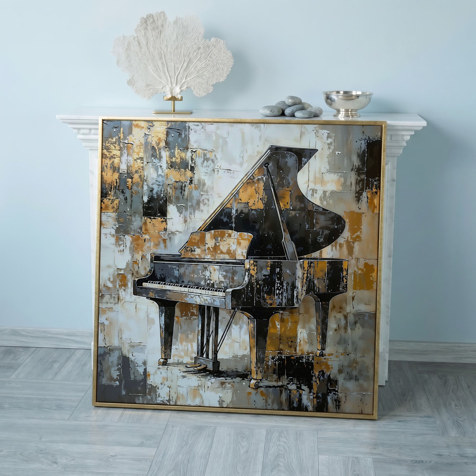 Grand Piano Canvas Print in Black and Gold in rose gold floating frame