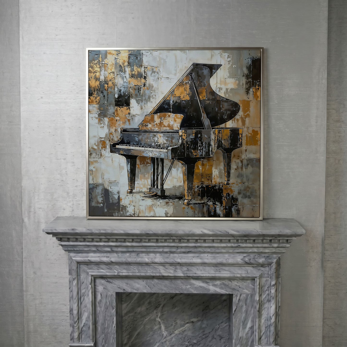 Grand Piano Canvas Print in Black and Gold in silver floating frame