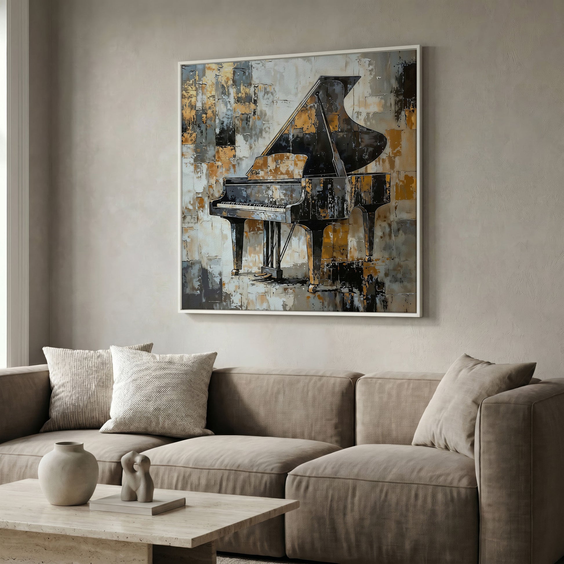 Grand Piano Canvas Print in Black and Gold in white floating frame