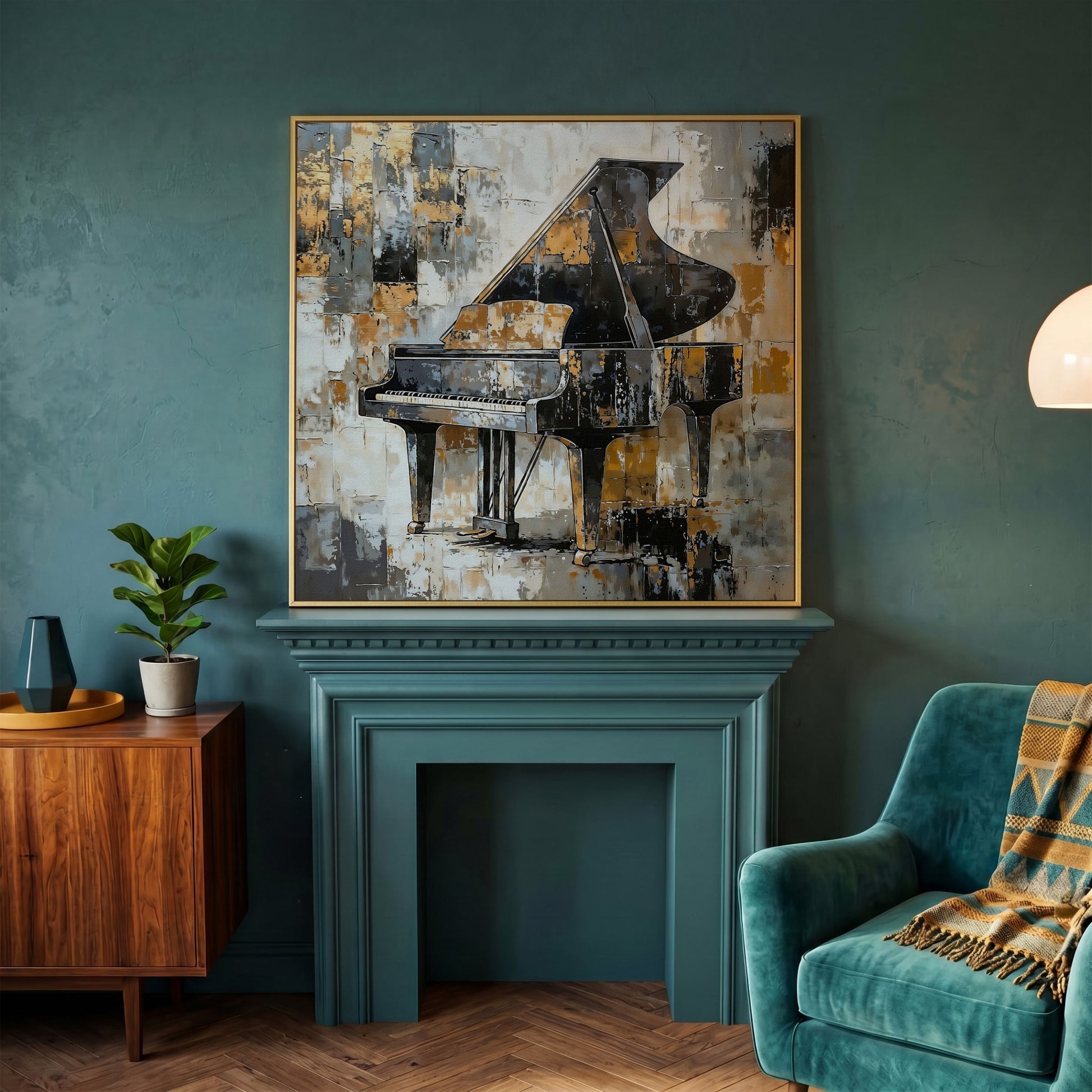 Grand Piano Canvas Print in Black and Gold in yellow gold floating frame