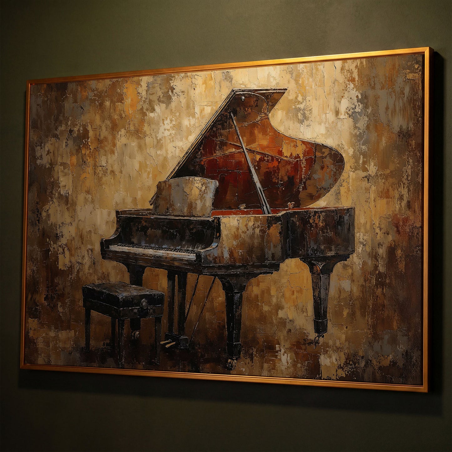 Classical Grand Piano Canvas shown in antique gold floating frame