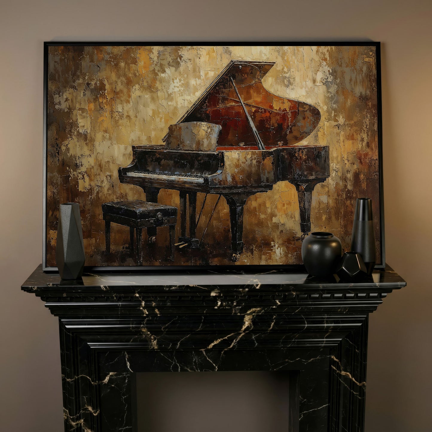 Classical Grand Piano Canvas in black floating frame