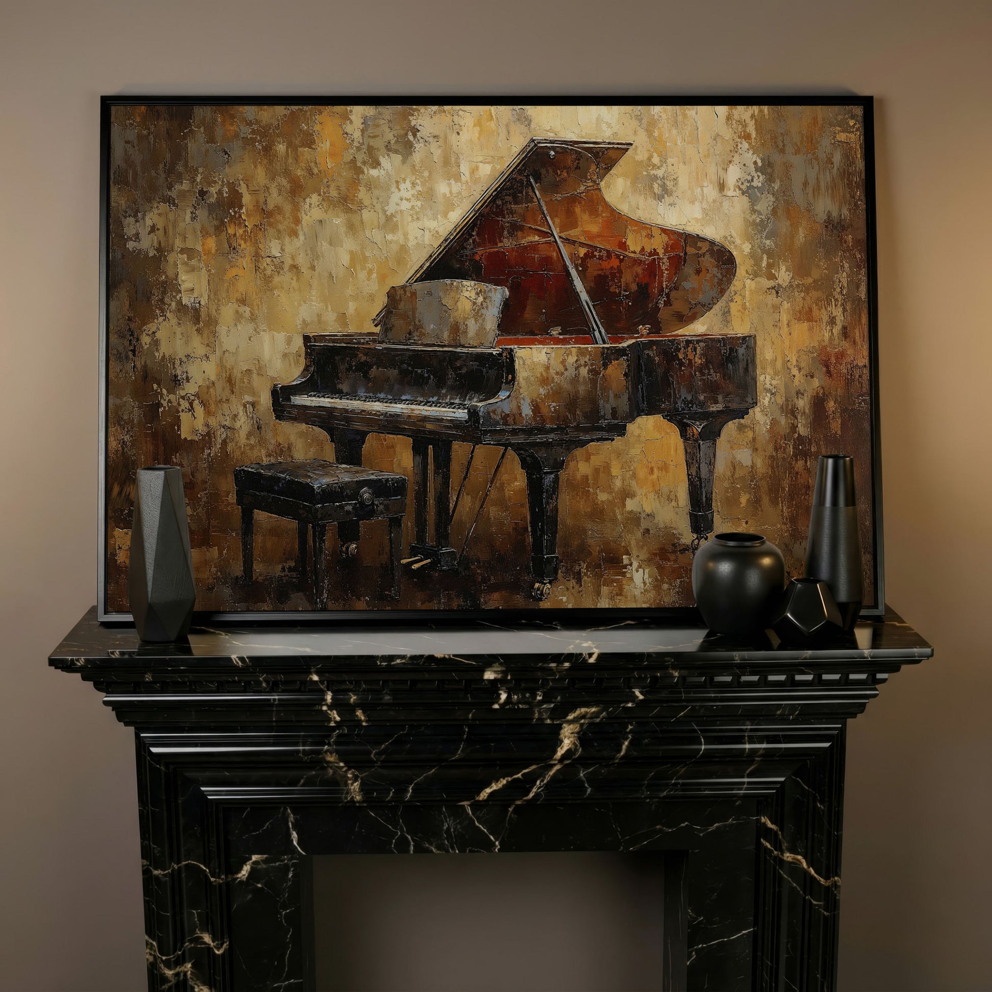 Classical Grand Piano Canvas in black floating frame