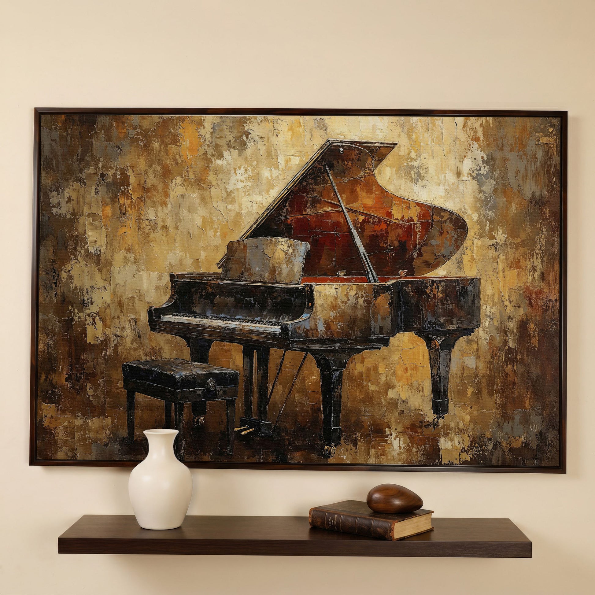 Classical Grand Piano Canvas in dark walnut floating frame