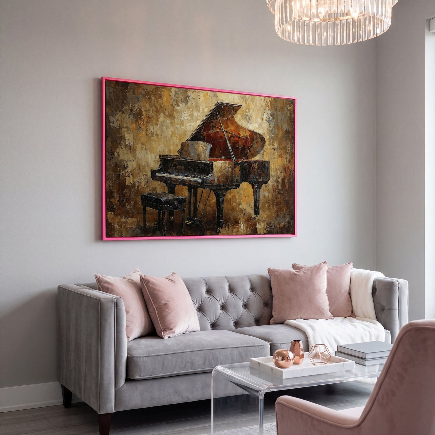 Classical Grand Piano Canvas in pink floating frame