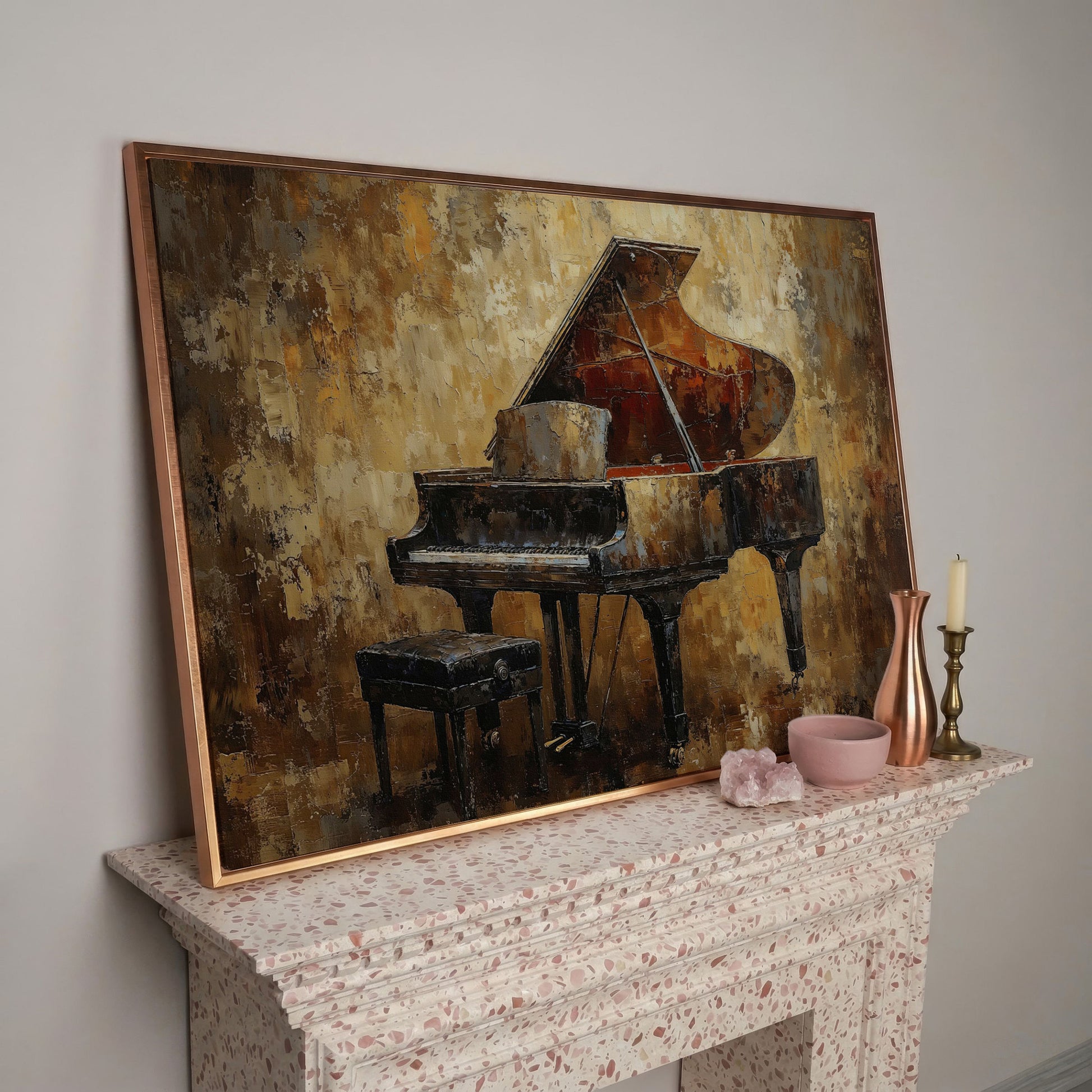 Classical Grand Piano Canvas in rose gold floating frame