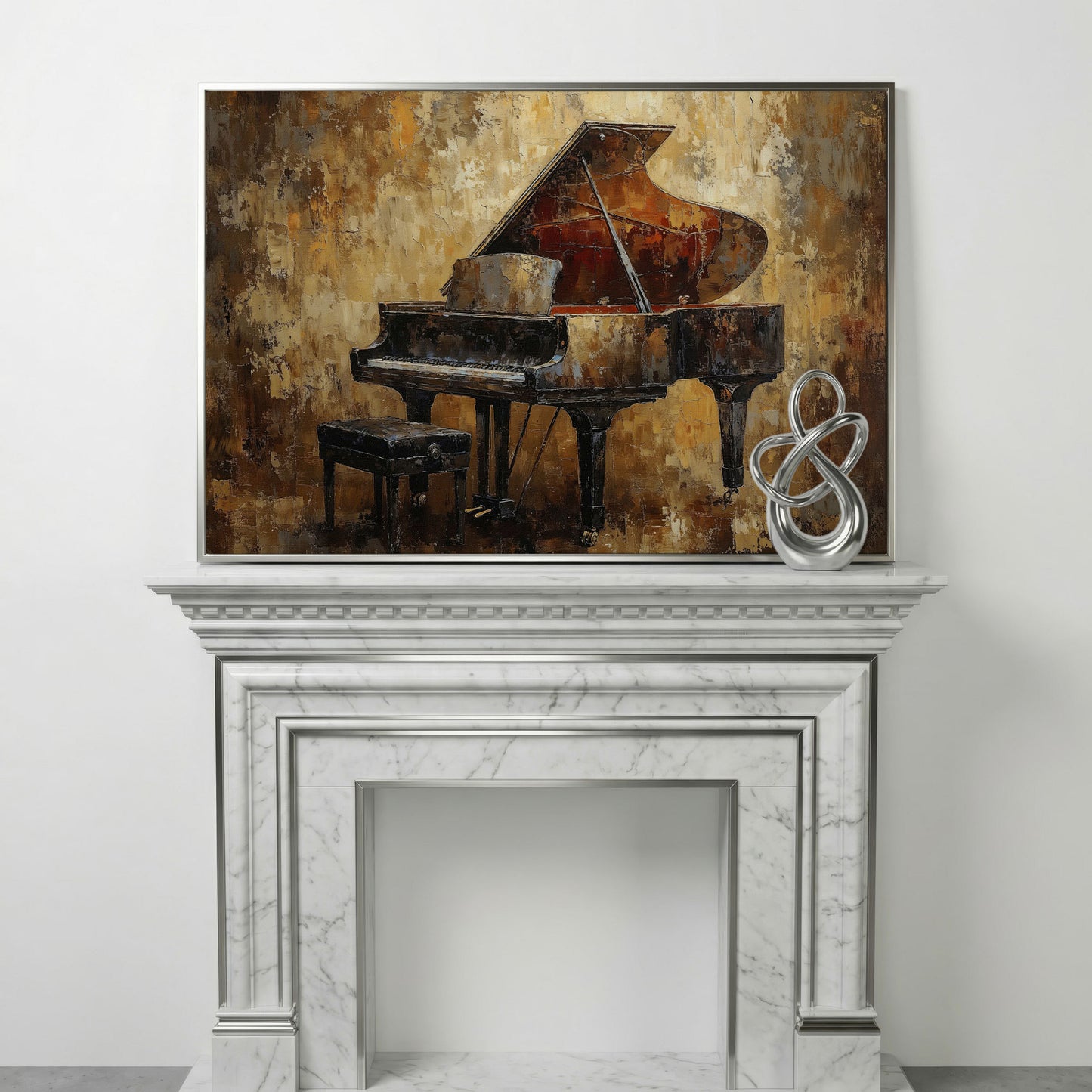 Classical Grand Piano Canvas in silver floating frame