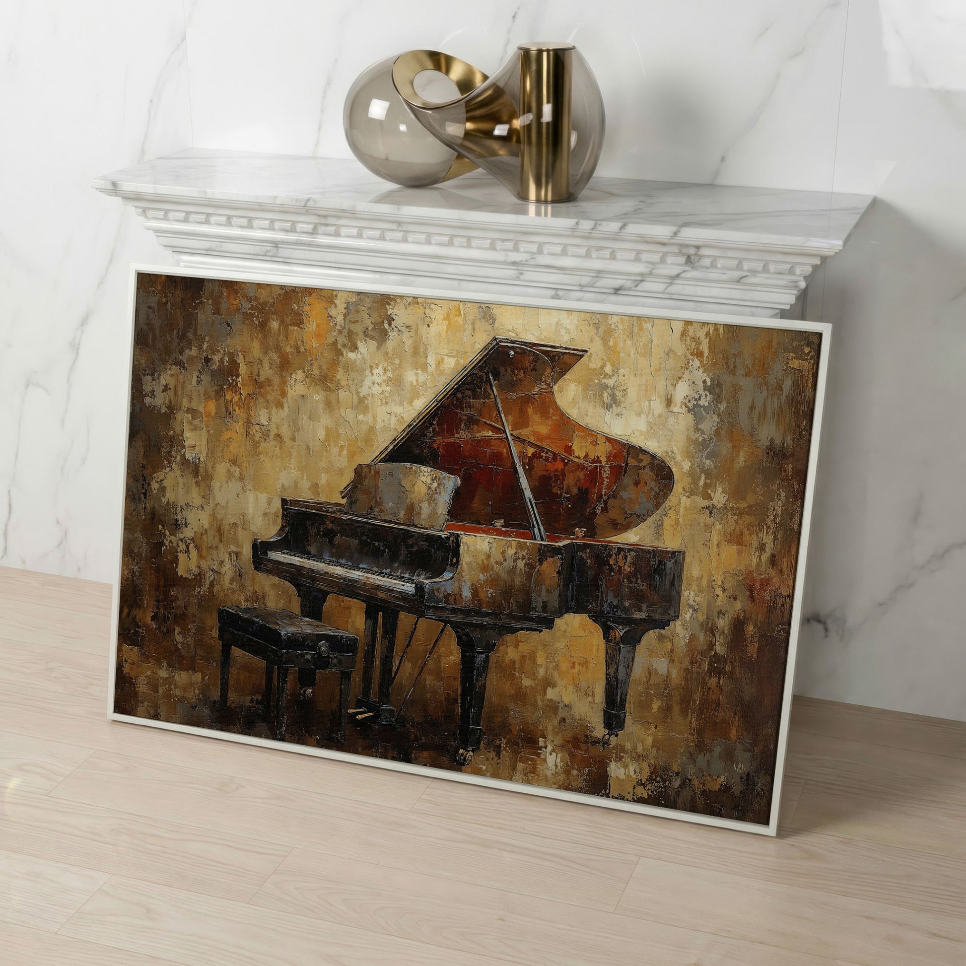Classical Grand Piano Canvas in white floating frame