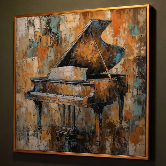 Grand Piano Abstract Canvas shown in antique gold floating frame