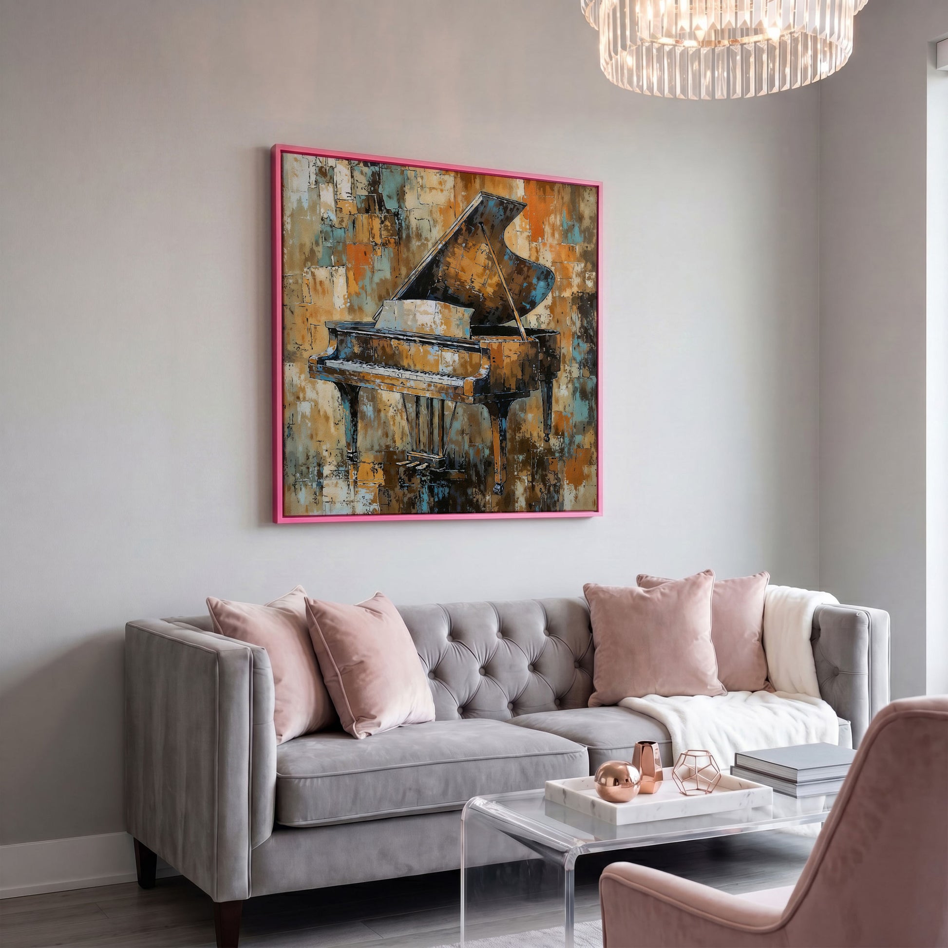 Grand Piano Abstract Canvas in pink floating frame