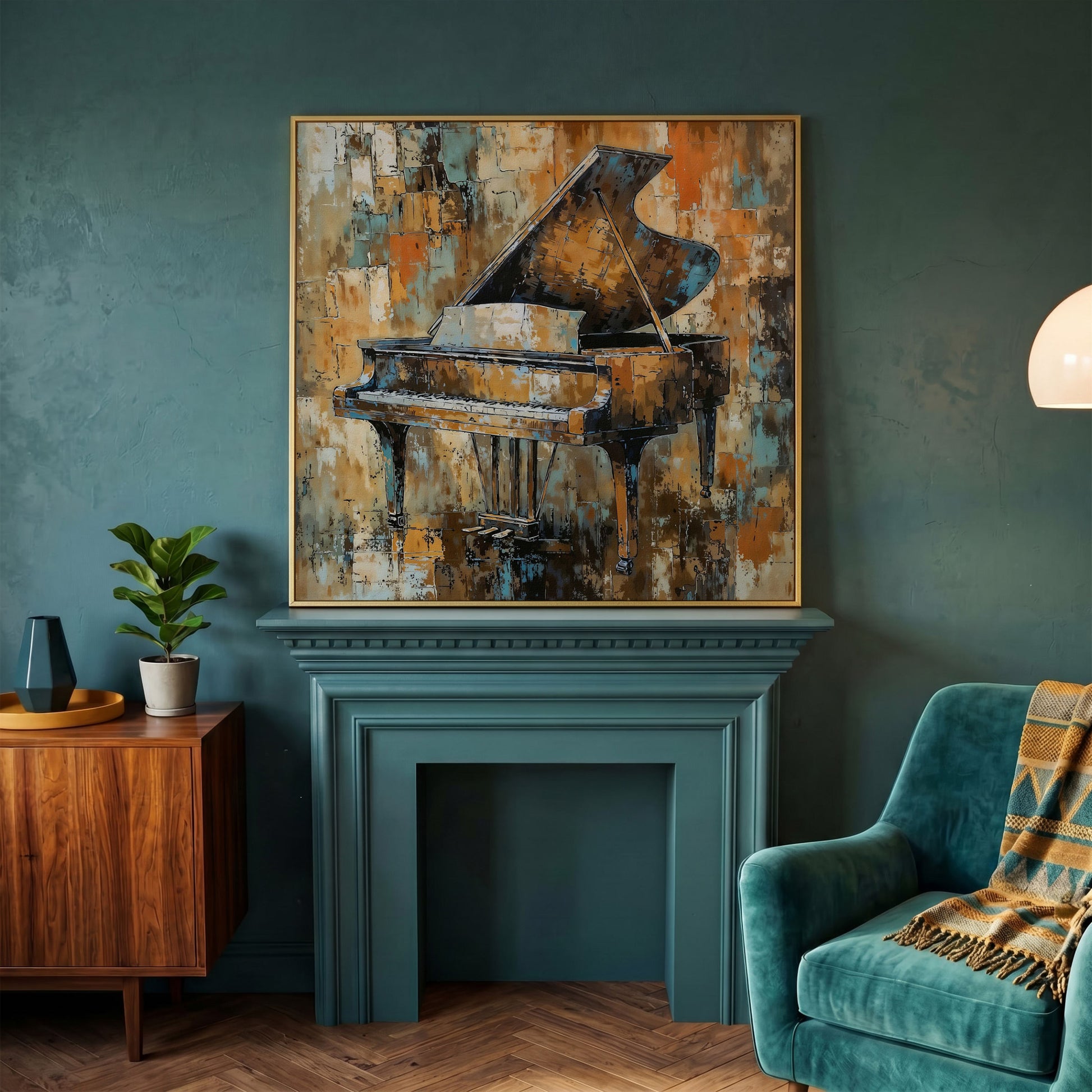 Grand Piano Abstract Canvas in yellow gold floating frame