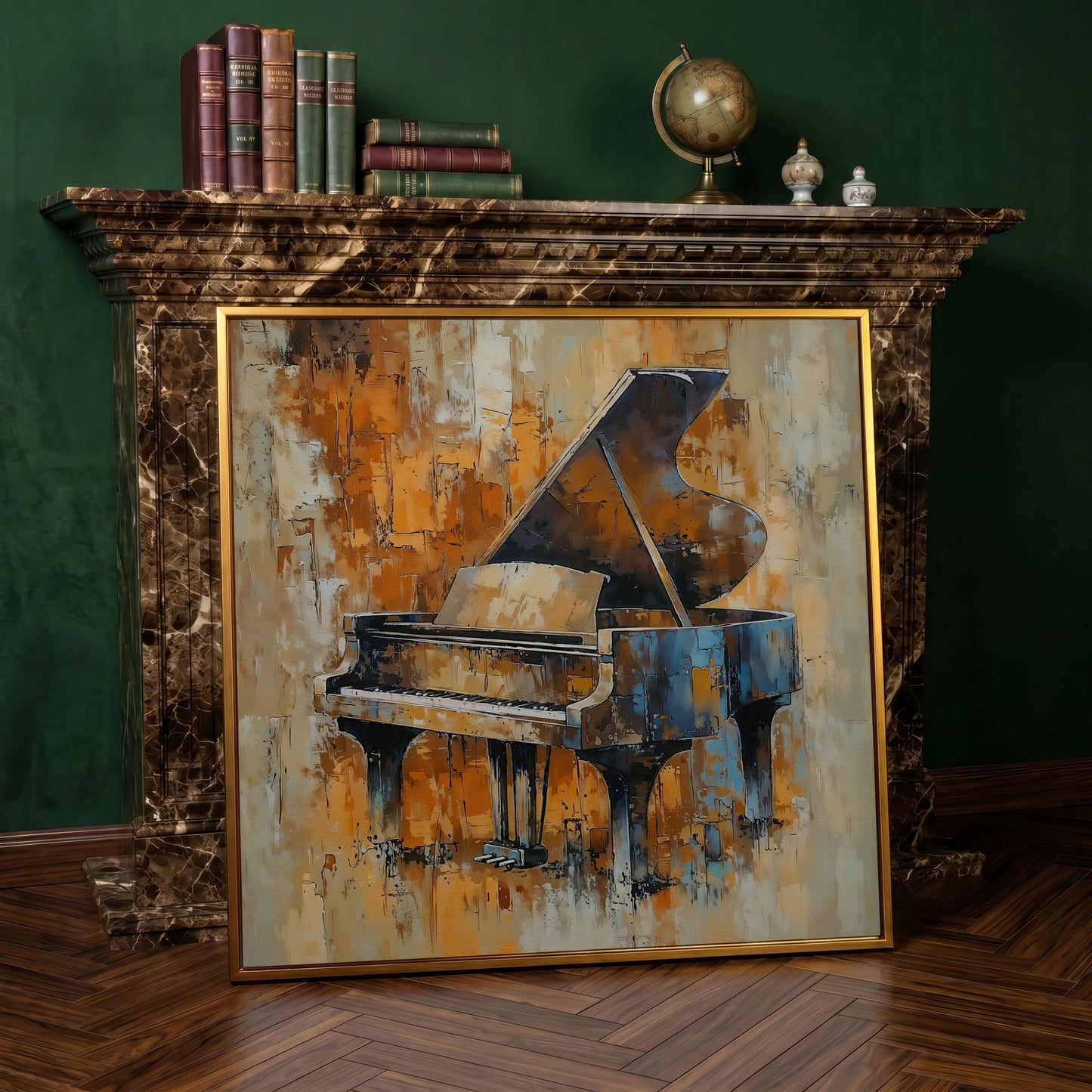 Grand Piano Canvas in Brown and Orange in antique gold floating frame