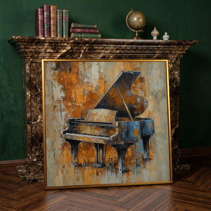 Grand Piano Canvas in Brown and Orange in antique gold floating frame