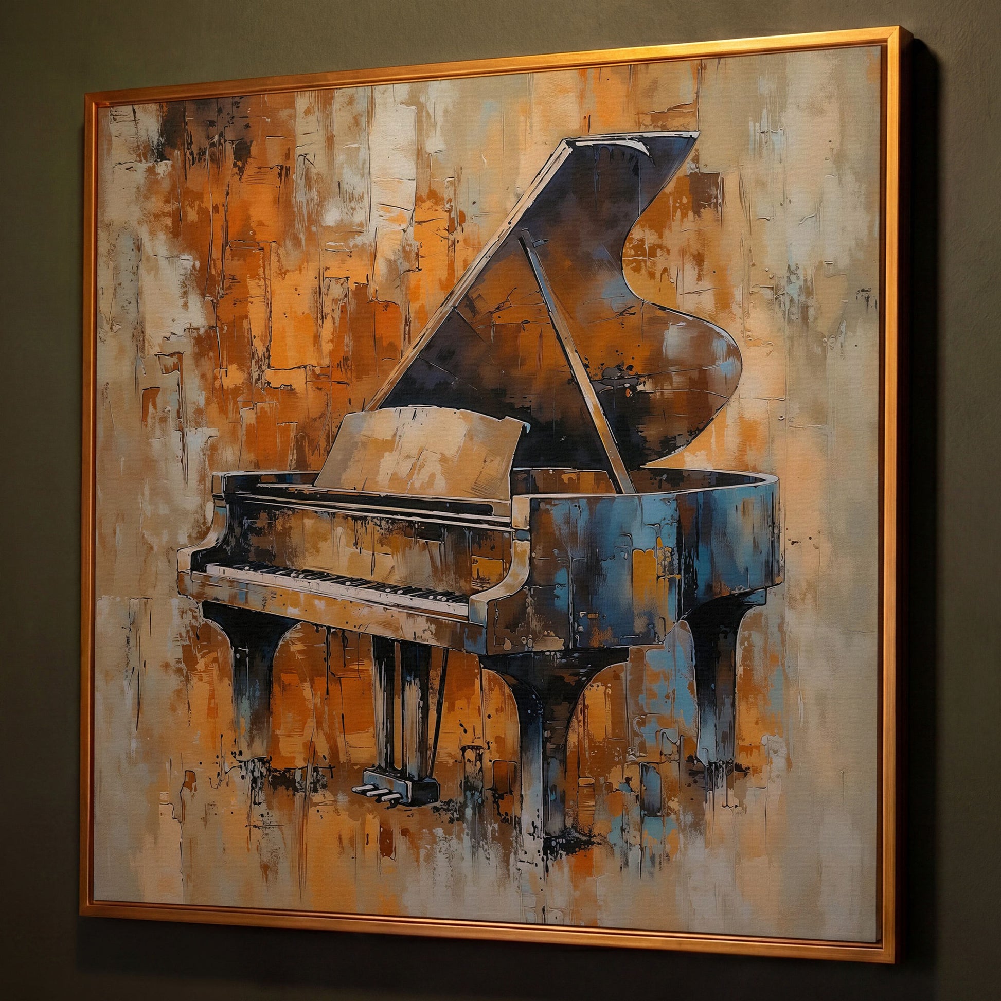 Grand Piano Canvas in Brown and Orange shown in antique gold floating frame