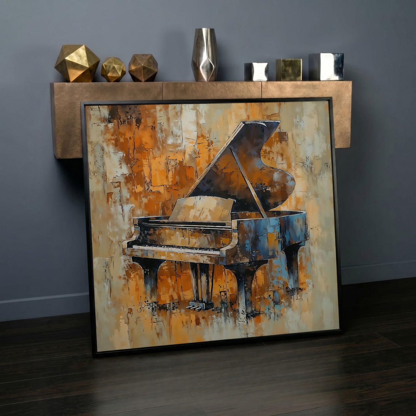 Grand Piano Canvas in Brown and Orange in black floating frame
