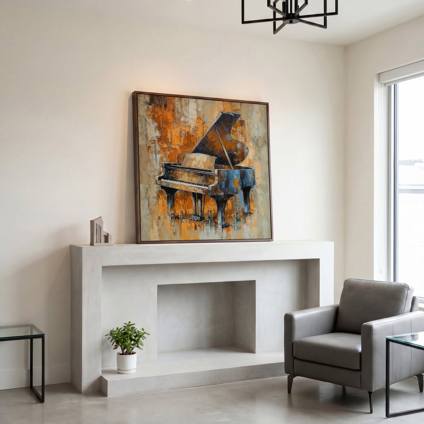 Grand Piano Canvas in Brown and Orange in dark walnut floating frame