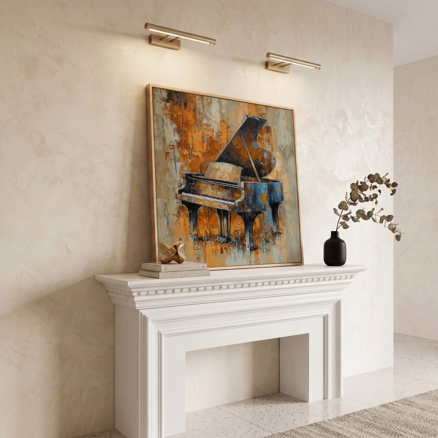 Grand Piano Canvas in Brown and Orange in white oak floating frame