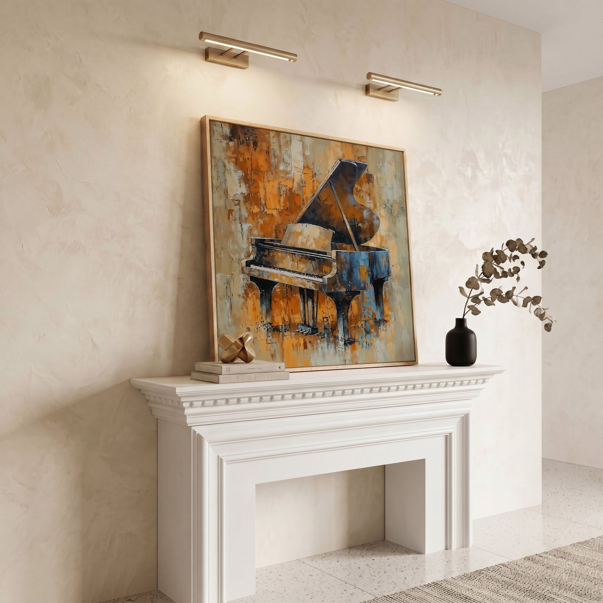 Grand Piano Canvas in Brown and Orange in white oak floating frame