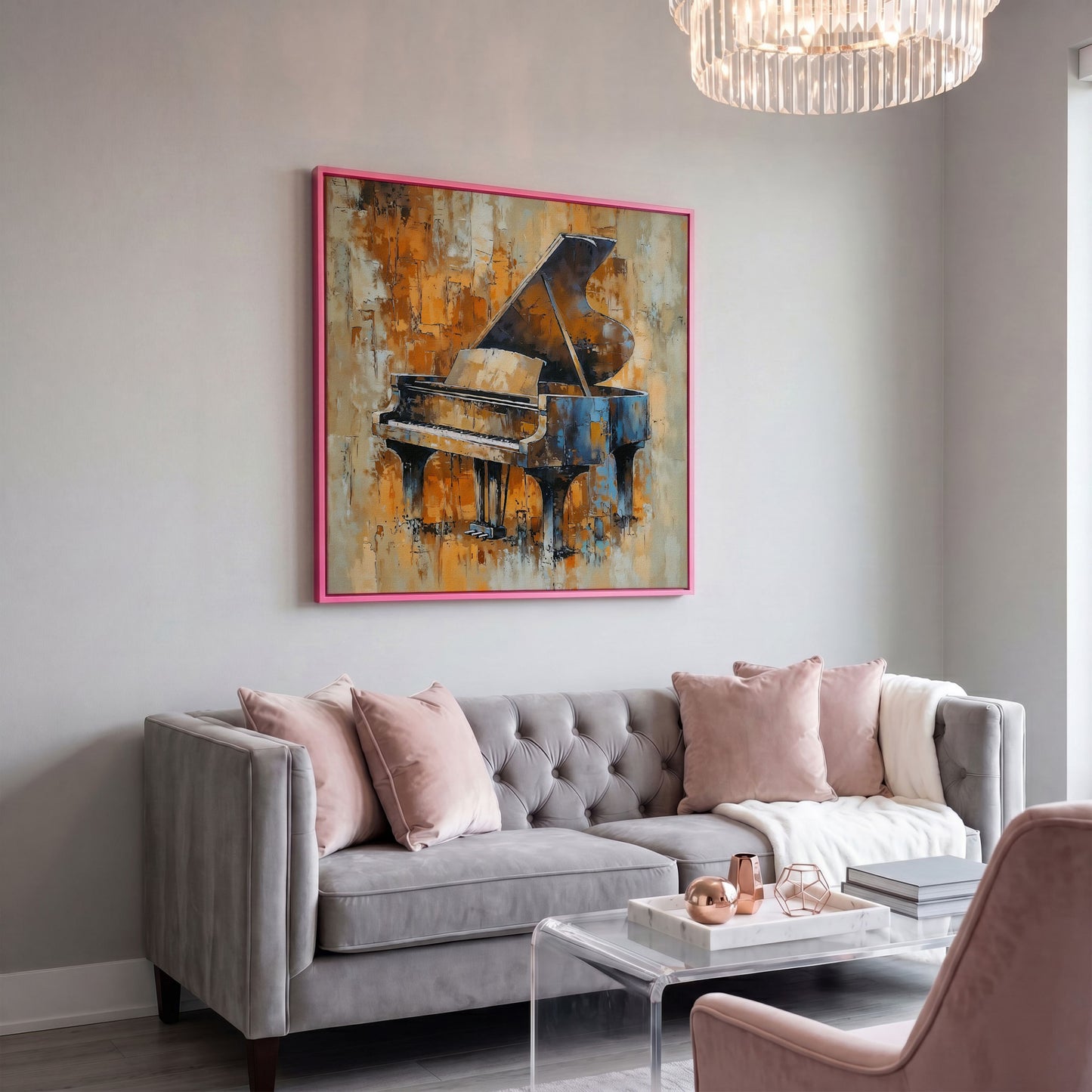 Grand Piano Canvas in Brown and Orange in pink floating frame