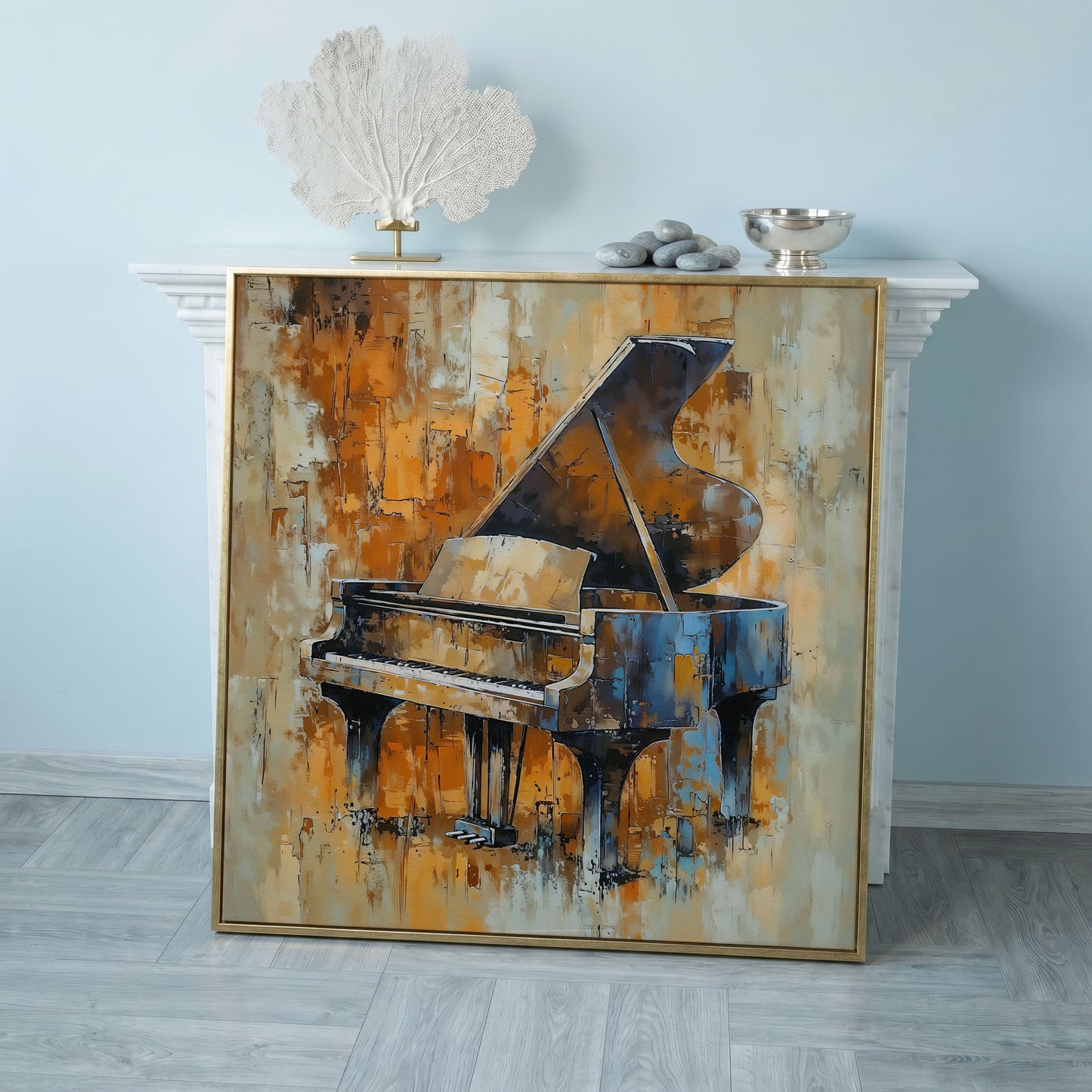 Grand Piano Canvas in Brown and Orange in rose gold floating frame